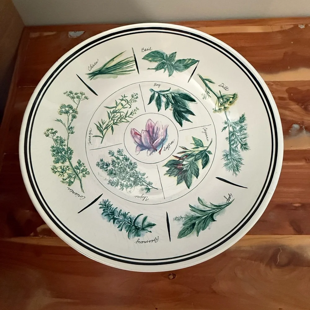 Williams-Sonoma 13” White Ceramic serving bowl with painted culinary herbs GUC - Picture 1 of 13